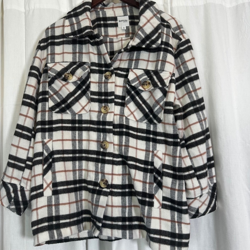 Kensie Jeans Plaid Flannel Shirt Jacket Oversized Button Down Shacket Women L‎